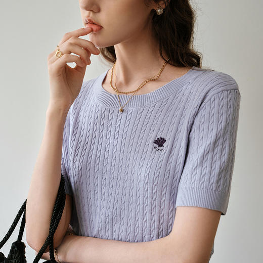 OLrain欧芮儿紫色法式通勤毛针织套头衫夏季2025新款修身短袖上衣 商品图2