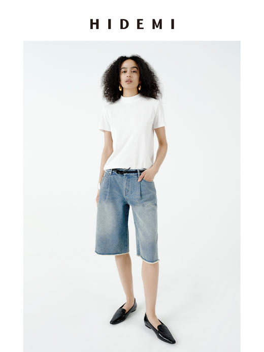 HIDEMI 都市单宁系列多重水洗毛边做旧感牛仔中裤短裤 商品图5