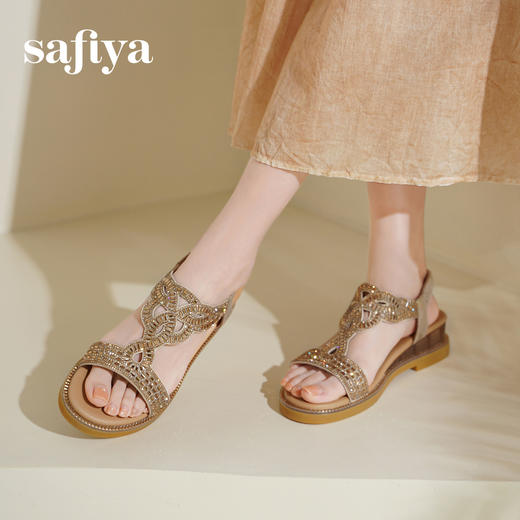 Safiya/索菲娅2025波西米亚水钻镂空休闲坡跟平底罗马度假凉鞋SFD2115348 商品图4