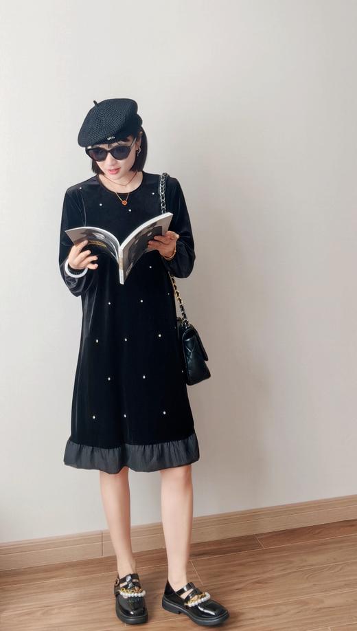 高矮胖瘦通吃重工钉钻丝绒拼接荷叶边连衣裙 商品图5