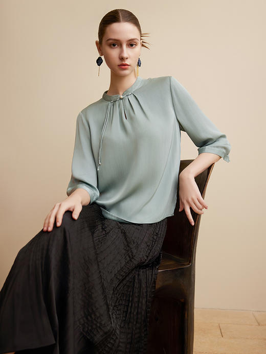 【复古盘扣真丝上衣】25年春夏女士新品女士桑蚕丝上衣时尚七分袖 商品图0