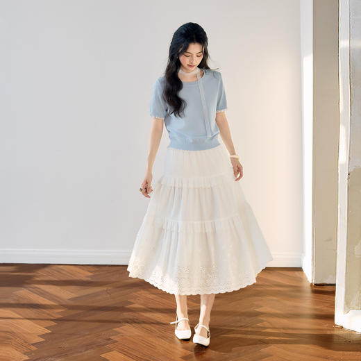 【严选】诗凡黎圆领花边针织衫2025夏新款时尚设计感温柔漂亮套头衫女7G4231881 商品图1