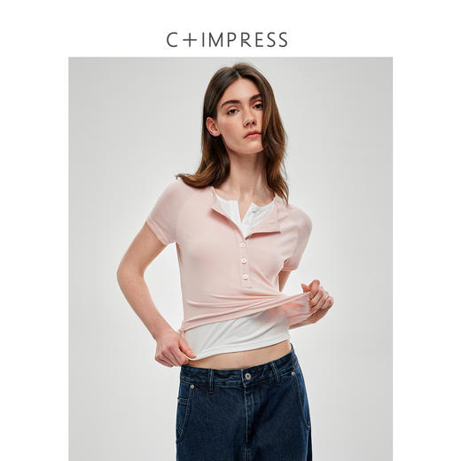 C+IMPRESS/西嘉兰精天丝醋酸 浅春系假两件亨利领短袖T恤女夏上衣T2502011
 商品图0