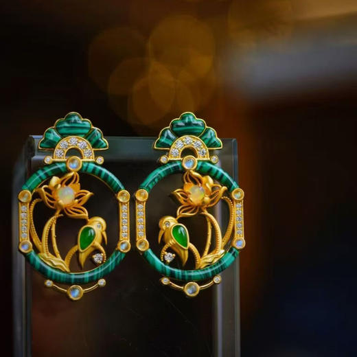 龢盒原创 以画为境，方寸藏韵 银镶翡翠多宝古典耳环 商品图0