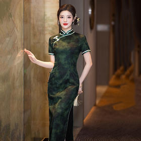 双层八扣国风新中式长款改良旗袍2025新款女复古修身短袖演出走秀旗袍ZA&WZY9336