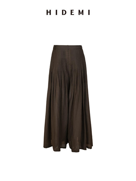 HIDEMI进口醋酸纱线色织混纺半手工打缆高腰设计感压褶工艺裙裤阔腿裤 乌木棕/杏仁绿 商品图6