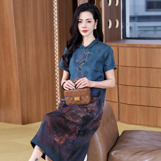 丁摩香云纱夏季短袖真丝旗袍连衣裙宽松大码过膝中长裙子AL221875 商品图2