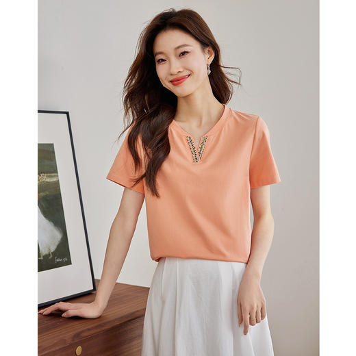 【周四狂欢价】熙世界妈妈优雅气质织带V领t恤女短袖显瘦上衣T清新百搭 商品图8