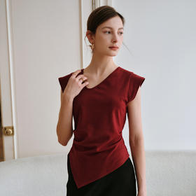 OLrain欧芮儿红色设计感V领T恤女夏季2025年新款修身显瘦套头上衣