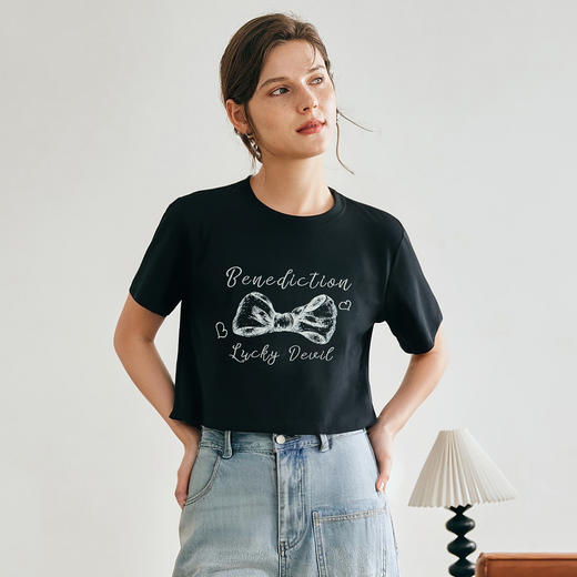 OLrain欧芮儿短款印花T恤女夏季2025新款宽松小个子显瘦正肩上衣 商品图0