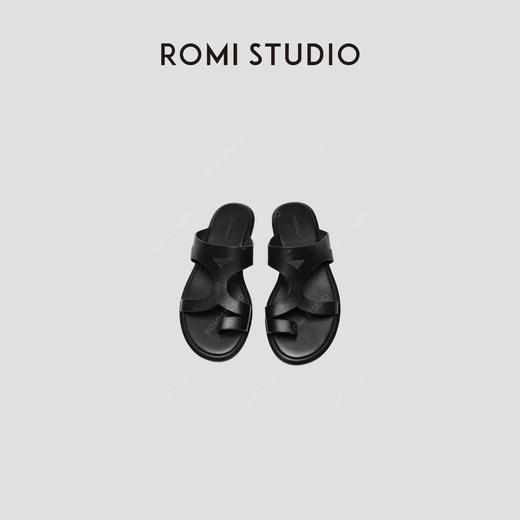 ROMI STUDIO"随性百搭"简约休闲设计感线条套趾平底黑色拖鞋S8008 商品图1