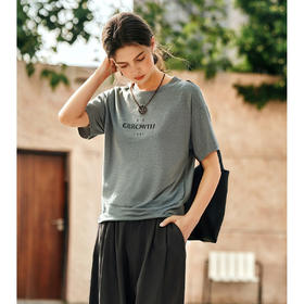 olrain欧芮儿2025夏季新款灰色宽松落肩袖设计字母印花T恤上衣女