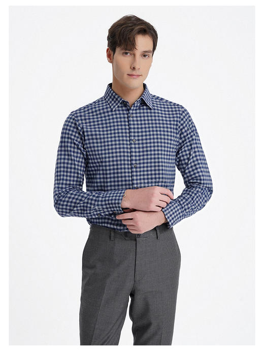 callisto蓝色全棉羊毛三色交织棋盘格长袖衬衫 FSSTL240C 商品图2