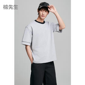 棉仓363801014-重磅棉撞色领袖口提花宽松落肩短袖T恤