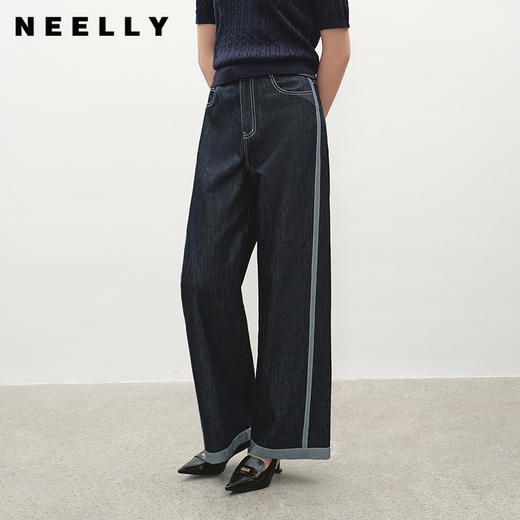 NEELLY纳俪商场同款夏季新款撞色麻感阔腿牛仔裤女设计感亮色长裤N25042H01054 商品图0