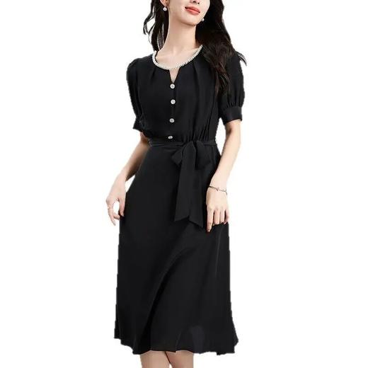 【高货kbnq】全新升级【铂金会员441/天猫599/差价158】(20840) 洛诗琳纯色新款圆领钉珠系带收腰黑色质感桑蚕丝A字裙 商品图4