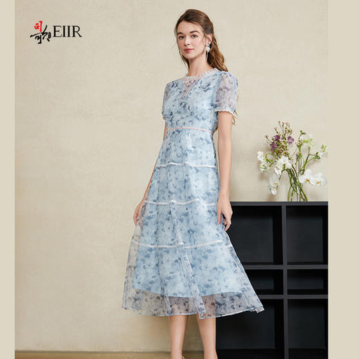 司歌刺绣碎花短袖收腰连衣裙中长裙A911064X 商品图0