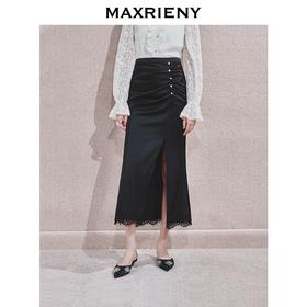 MAXRIENY2024复古浪漫感开叉蕾丝缎面半裙约会小裙子包臀半身裙(货号:MF85SK757)