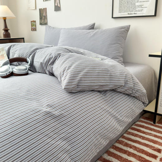 【水洗棉条纹四件套】全棉水洗棉四件套条纹床品套件纯棉简约件套床单被套 商品图3