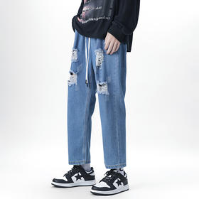 【DDJ】大依优型大码松紧腰潮款直筒牛仔裤九分裤男舒适休闲简约百搭加肥加大男装