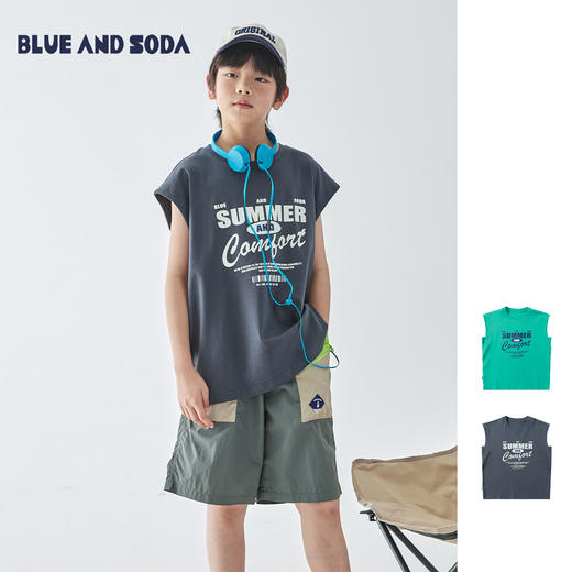 蓝汽水2025年夏季新款男童亲子款字母印花背心全棉休闲无袖T恤 商品图0