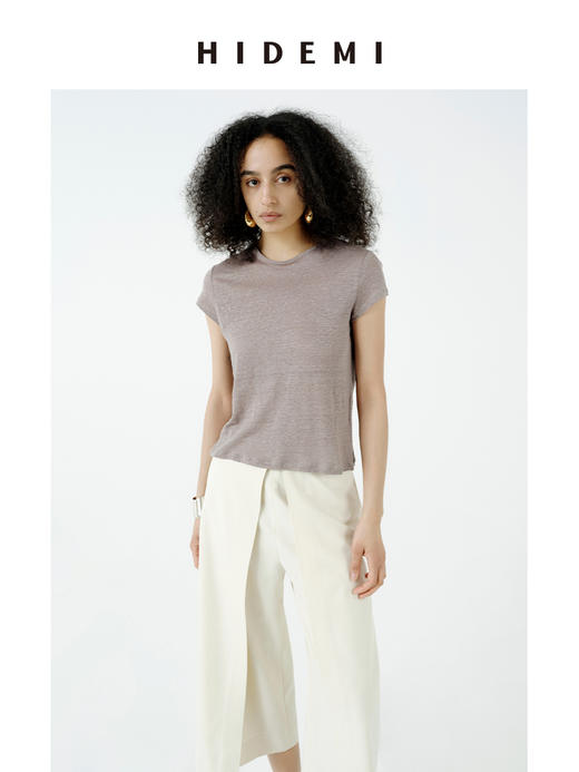 HIDEMI 自然都市感极简圆领经典款进口百分亚麻针织透气感短袖t恤 自然白/豆沙灰 商品图3