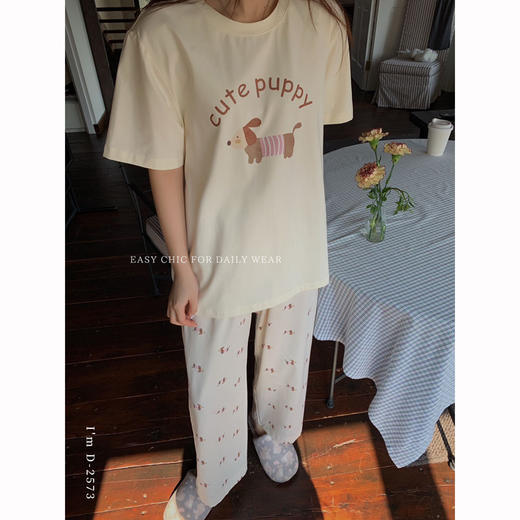 冰丝般细腻滑爽！春夏新款ins腊肠狗印花冰瓷懒宅衣 宽松休闲圆领家居服短袖长裤套装 商品图5