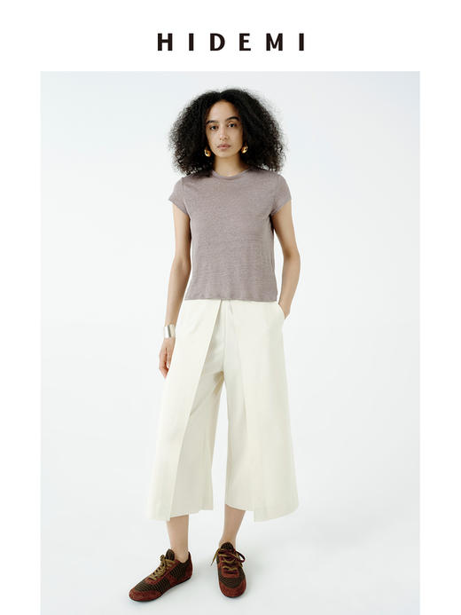 HIDEMI 自然都市感极简圆领经典款进口百分亚麻针织透气感短袖t恤 自然白/豆沙灰 商品图1