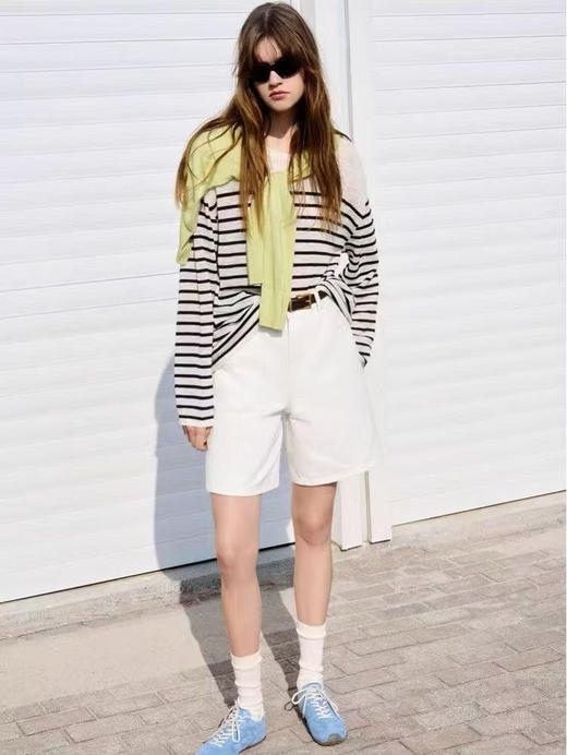 【有货 拍下改价】  MO家 春夏黑白条纹落肩肌理感轻柔 微透圆领百搭防晒针织衫长袖 商品图1