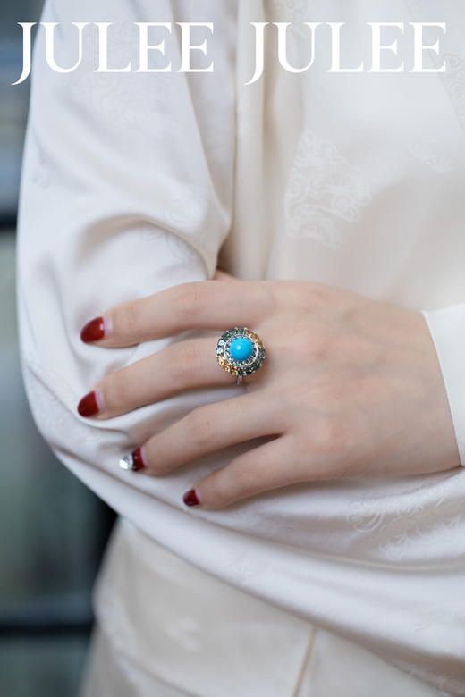 JULEE JULEE茱俪珠宝 18K白金绿松石彩蓝宝石旋转戒指 商品图4