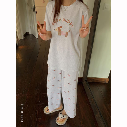 冰丝般细腻滑爽！春夏新款ins腊肠狗印花冰瓷懒宅衣 宽松休闲圆领家居服短袖长裤套装 商品图1