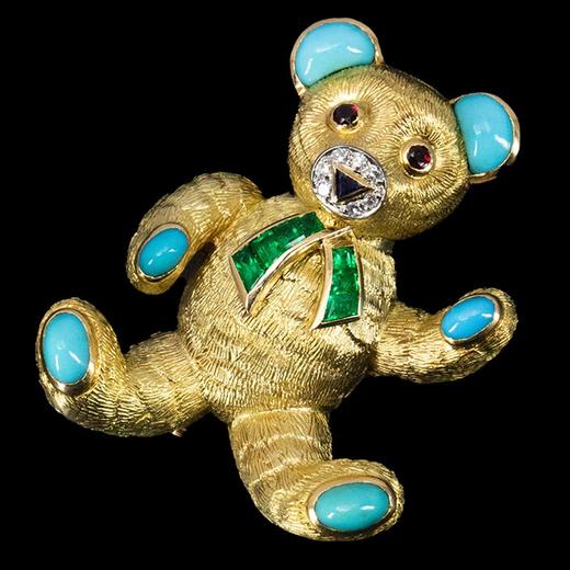 独角鹿西洋古董 1960年代法国出品18K黄金镶嵌绿松石红宝石祖母绿及钻石小熊造型胸针 商品图3