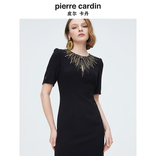 皮尔卡丹女装夏季时尚轻奢收腰礼服小黑裙P4222D4102B0 商品图4