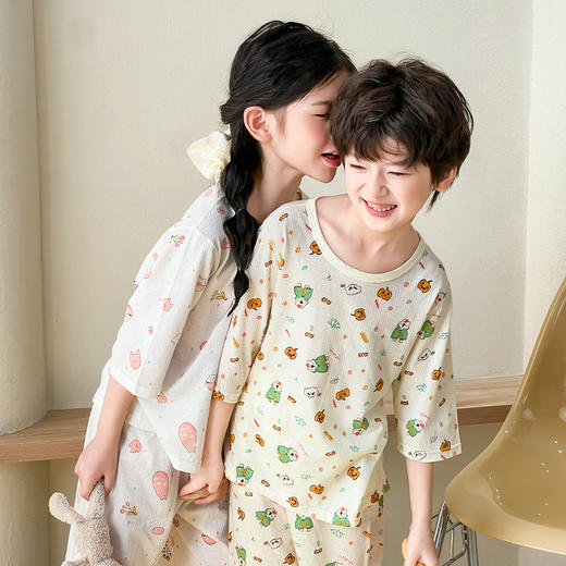 【A类品质，买一送一】夏季新款儿童提花纯棉七分网眼家居服透气舒爽中大童家居服100% 商品图3
