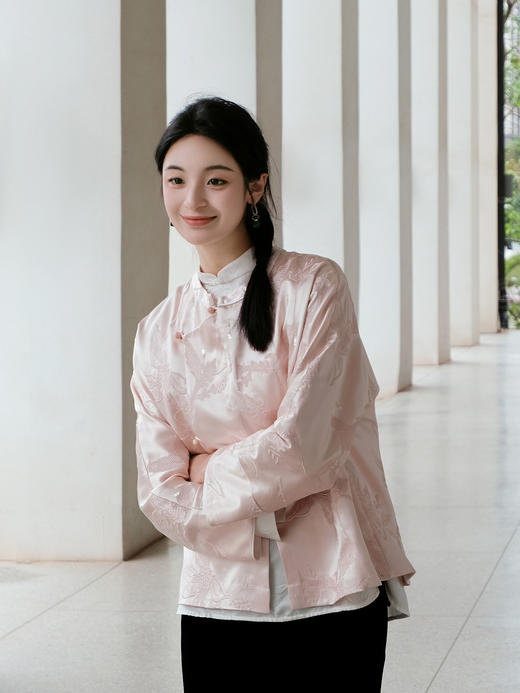 盛唐牡丹 | 桃天粉重缎真丝手推绣外套（钉珠款） 商品图1