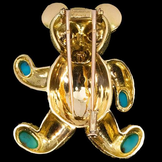 独角鹿西洋古董 1960年代法国出品18K黄金镶嵌绿松石红宝石祖母绿及钻石小熊造型胸针 商品图6