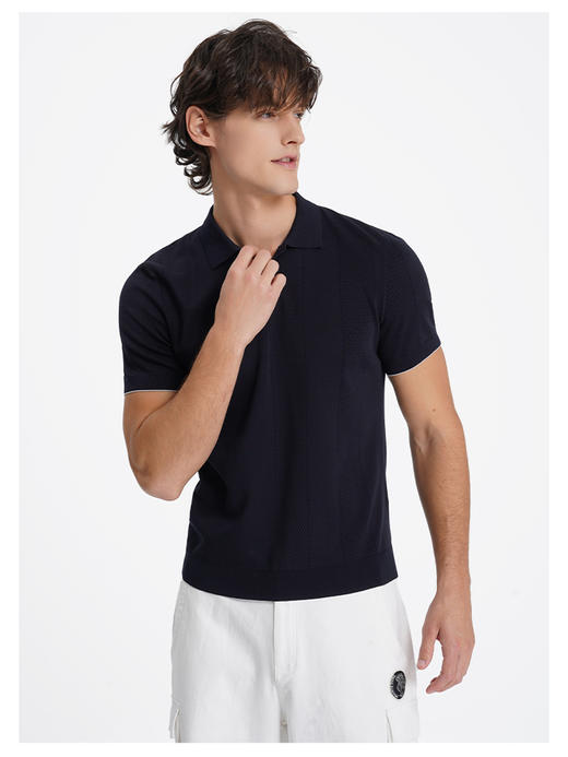 callisto藏青棉混纺立体提花透气T恤 商品图2