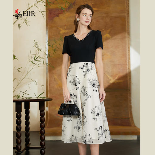 司歌v领短袖连衣裙刺绣显瘦拼接假两件A911006X 商品图1