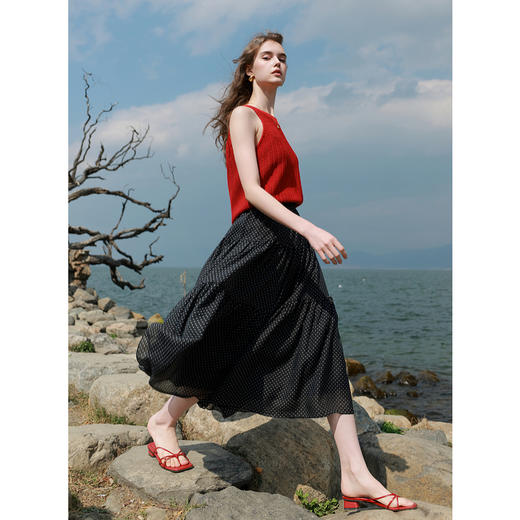 三彩2025夏季新款松紧高腰半身裙复古波点A字裙莱赛尔长裙度假M 商品图3