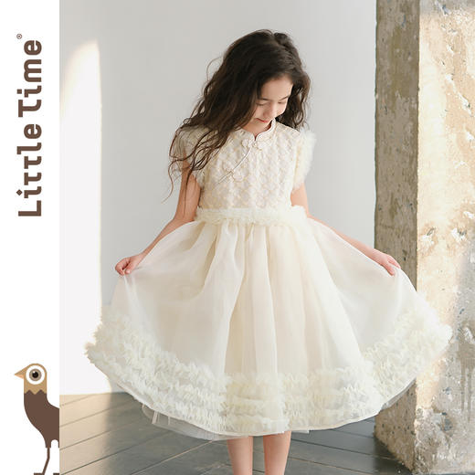 littletime女童钉珠中式纱裙新年高端礼服蓬蓬网纱裙子白色连衣裙 商品图0