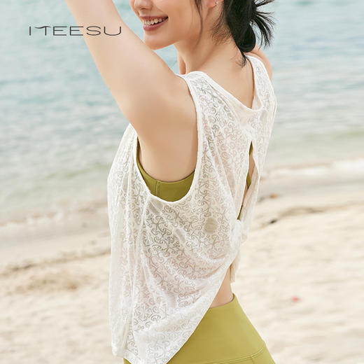 美愫新款瑜伽服罩衫无袖上衣女夏季百搭运动后背镂空扭结休闲T桖 商品图3