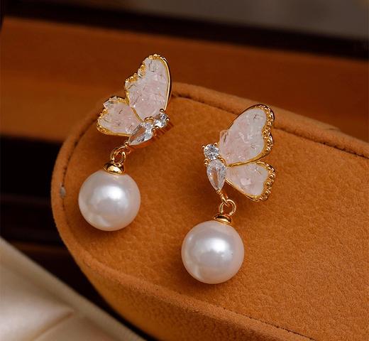 自留翩翩起舞水晶蝴蝶925银脱敏珍珠耳环 商品图13