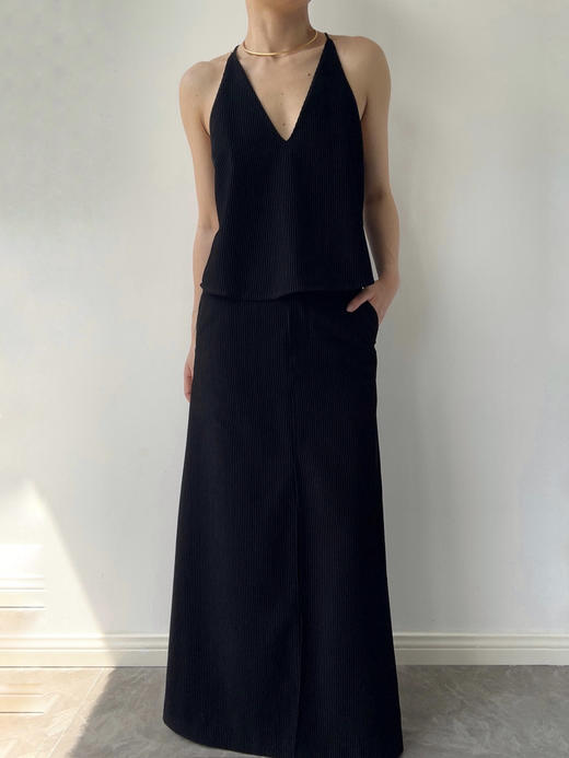 Semplicita｜Z20  前中开叉半身长裙  [ 黑条 ] 商品图1