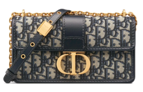 DIOR迪奥 30 Montaigne 最新蒙田刺绣老花满印可调节可拆卸链条翻盖开合 织物 链条包盒子包单肩斜挎包 小号 女款 蓝色