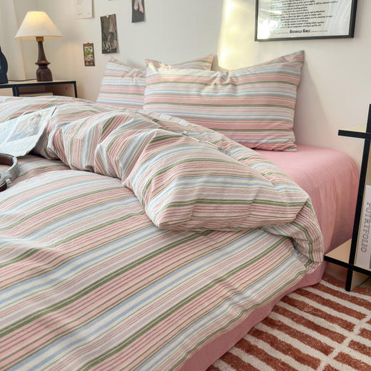 【水洗棉条纹四件套】全棉水洗棉四件套条纹床品套件纯棉简约件套床单被套 商品图11