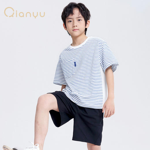 笛莎千与2025夏新款男童海军风条纹拼接男童短袖T恤 商品图0