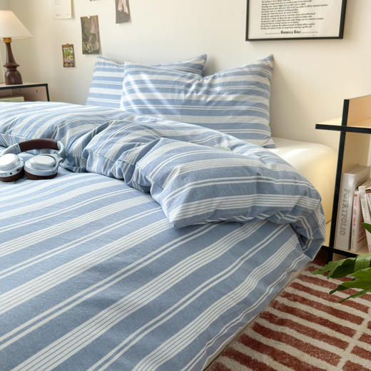 【水洗棉条纹四件套】全棉水洗棉四件套条纹床品套件纯棉简约件套床单被套 商品图5