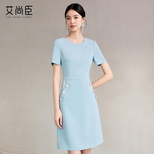蓝色通勤连衣裙女2024新款设计感上镜职业主持人正装裙 商品图1