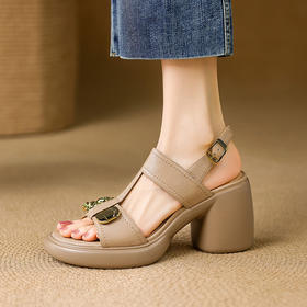 【预售5天】法式防水台高跟露趾凉鞋女夏新款百搭粗跟厚底金属一字带罗马鞋女DPJ&3002