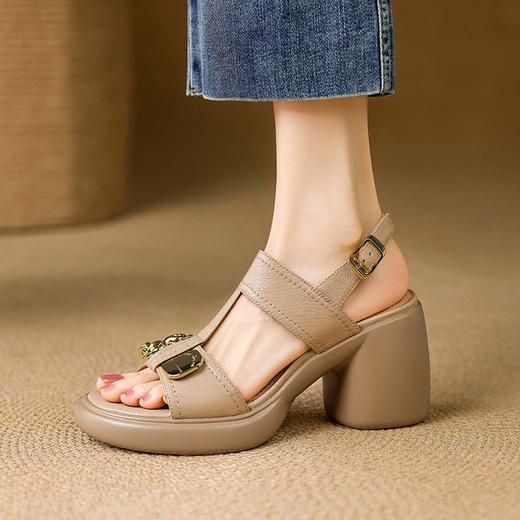 【预售5天】法式防水台高跟露趾凉鞋女夏新款百搭粗跟厚底金属一字带罗马鞋女DPJ&3002 商品图0
